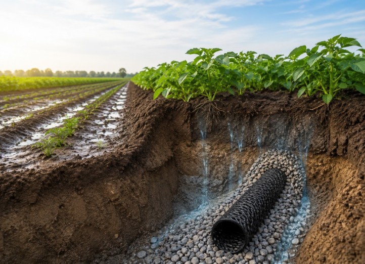 Agricultural land underground drainage using perforated drainage pipe