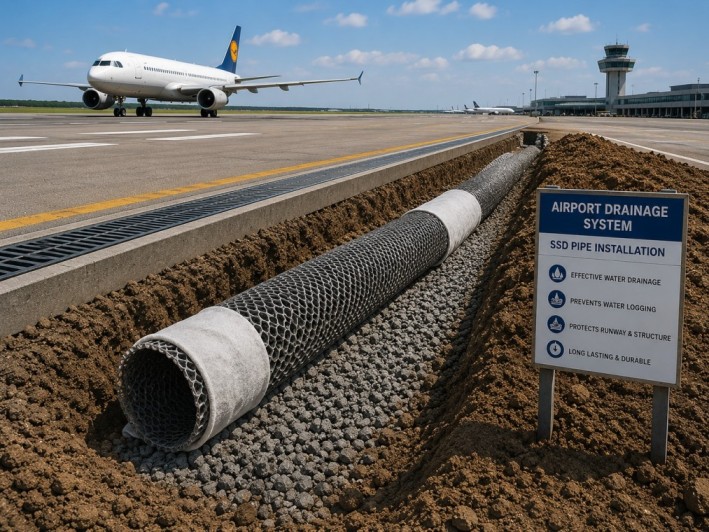 Airport subsoil drainage pipe installation and underground drainage application
