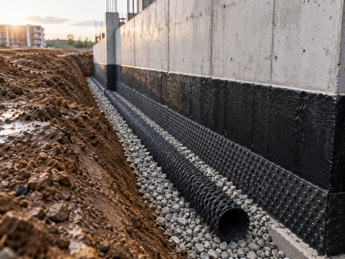 Basement subsoil drainage pipe installation