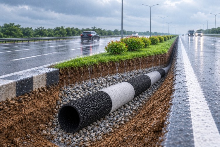 Subsoil drainage pipe installation for highway infrastructure