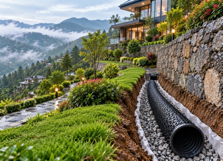 Landscape drainage pipe installation for garden and landscaped areas