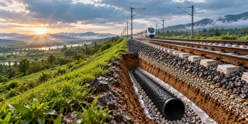 Railway track drainage using underground drainage pipe